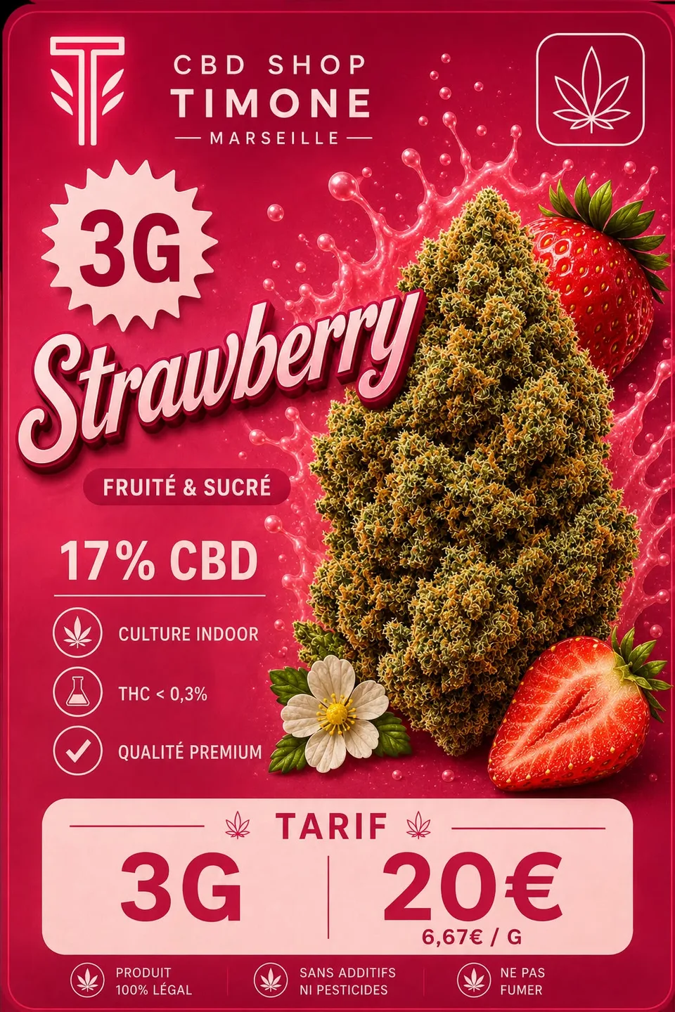 Affiche Strawberry 3 g, fleur de CBD, CBD Shop Timone Marseille